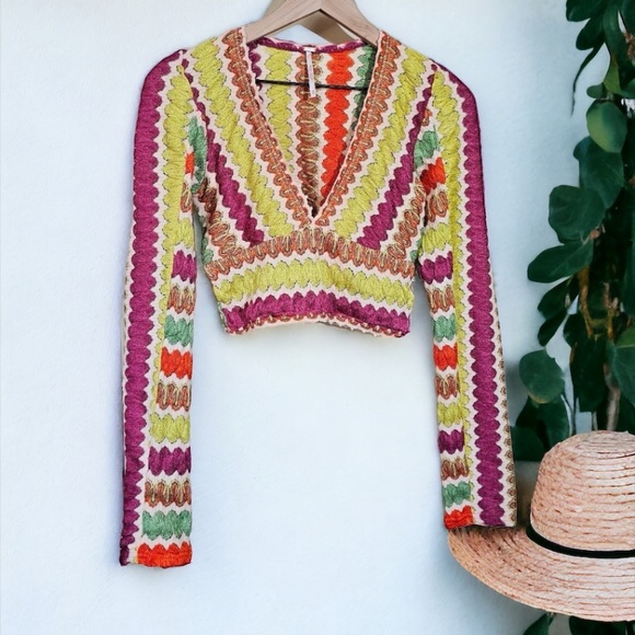 Free People Twist & Shout Long Sleeve Crop Top In Pop Combo NWOT Size XL - Picture 5 of 12